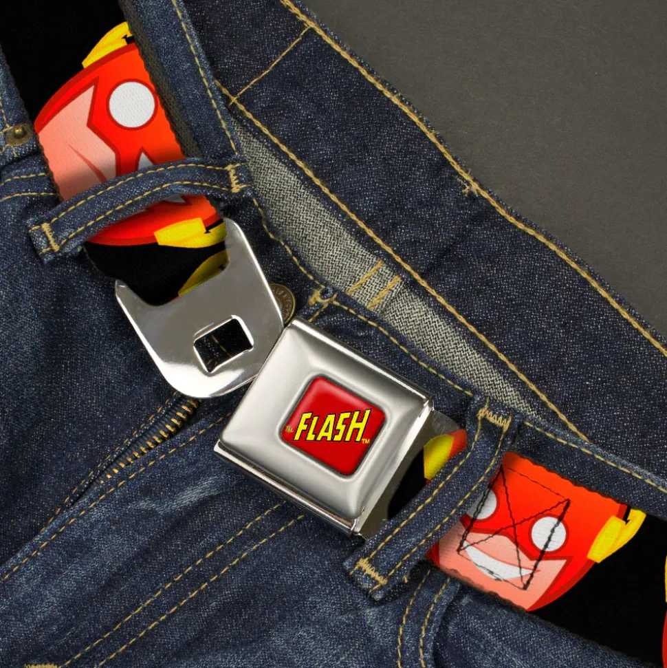 THE FLASH Full Color Red/Black/Yellow Seatbelt Belt - The Flash 5-Emoji Expressions Black Webbing