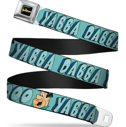THE FLINTSTONES Logo Full Color Black Yellow Seatbelt Belt - Fred Face YABBA DABBA DOO Blues Webbing