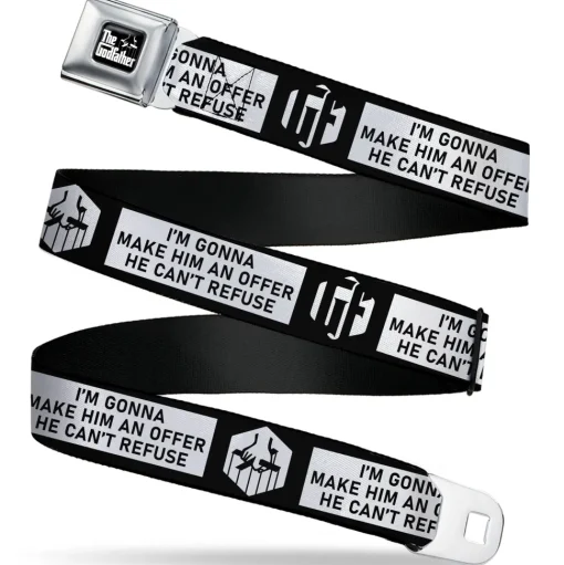 THE GODFATHER Title Logo Full Color Black/White Seatbelt Belt - The Godfather Quote I'M GONNA MAKE HIM AN OFFER HE CAN'T REFUSE Black/White Webbing