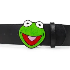 The Muppets Kermit the Frog Glitter Enamel Cast Buckle - 2.75 Inch Wide Black PU Strap Belt