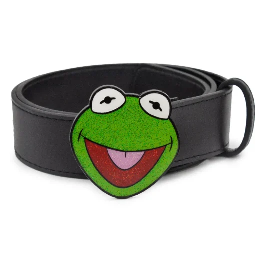 The Muppets Kermit the Frog Glitter Enamel Cast Buckle - 1.5 Inch Wide Black PU Strap Belt