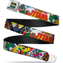 THE NEW TEEN TITANS Logo Full Color Black Red Blue Yellow Seatbelt Belt - THE NEW TEEN TITANS Issue #1 Superhero Cover Poses White Webbing