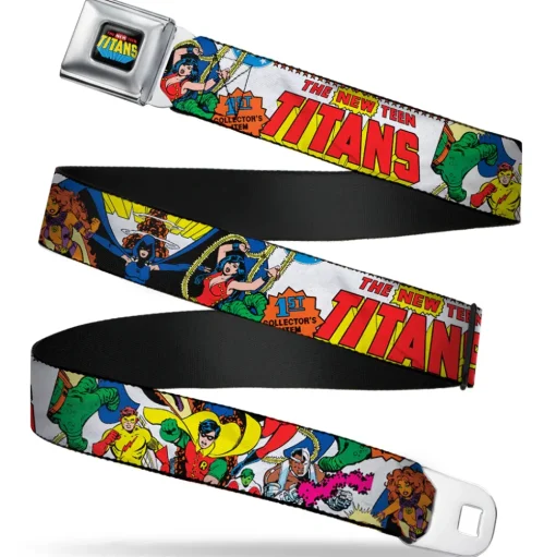 THE NEW TEEN TITANS Logo Full Color Black Red Blue Yellow Seatbelt Belt - THE NEW TEEN TITANS Issue #1 Superhero Cover Poses White Webbing