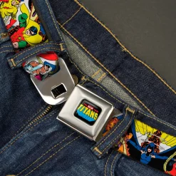 THE NEW TEEN TITANS Logo Full Color Black Red Blue Yellow Seatbelt Belt - THE NEW TEEN TITANS Issue #1 Superhero Cover Poses White Webbing