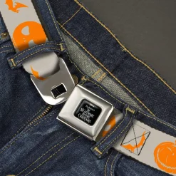 THE NIGHTMARE BEFORE CHRISTMAS Title Logo Full Color Black/White Seatbelt Belt - The Nightmare Before Christmas Jack and Icon Silhouettes White/Orange Webbing