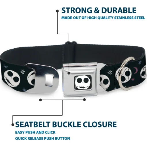 The Nightmare Before Christmas Jack Smiling Full Color Black/White Seatbelt Buckle Collar - The Nightmare Before Christmas Smiling Jack Moon and Stars Black