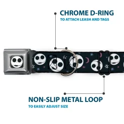 The Nightmare Before Christmas Jack Smiling Full Color Black/White Seatbelt Buckle Collar - The Nightmare Before Christmas Smiling Jack Moon and Stars Black