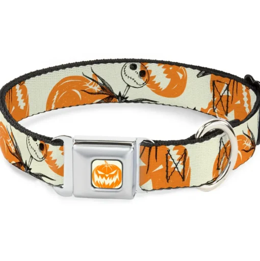 The Nightmare Before Christmas Pumpkin Ivory/Orange Seatbelt Buckle Collar - The Nightmare Before Christmas Jack Pose and Pumpkins Collage Ivory/Orange/Black