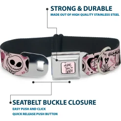The Nightmare Before Christmas LOVE YOU TO DEATH Full Color Pink/Black Seatbelt Buckle Collar - The Nightmare Before Christmas Jack and Sally Doodles Pinks/Black