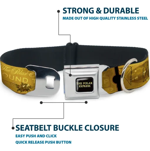 THE POLAR EXPRESS Text Logo Full Color Black/Golds Seatbelt Buckle Collar - THE POLAR EXPRESS ROUND TRIP Ticket Black/Golds