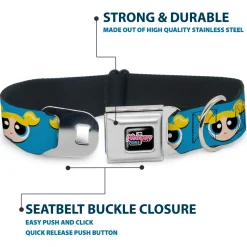 THE POWERPUFF GIRLS Animated Series Title Logo Full Color Black Seatbelt Buckle Collar - The Powerpuff Girls Bubbles Face Close-Up Blue