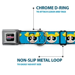 THE POWERPUFF GIRLS Animated Series Title Logo Full Color Black Seatbelt Buckle Collar - The Powerpuff Girls Bubbles Face Close-Up Blue