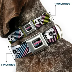 THE POWERPUFF GIRLS Animated Series Title Logo Full Color Black Seatbelt Buckle Collar - The Powerpuff Girls and Donny Stripe Black/Multi Pastel