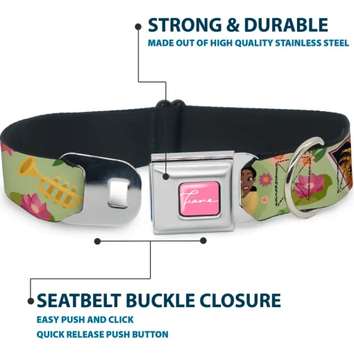 The Princess and the Frog TIANA Script Full Color Pink/White Seatbelt Buckle Collar - The Princess and the Frog Tiana's Place Collage Greens/Pinks