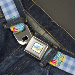 THE WIZARD OF OZ Logo Full Color White Seatbelt Belt - THE WIZARD OF OZ Logo Gingham Checker Blues Webbing