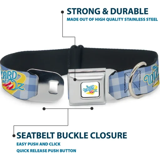 THE WIZARD OF OZ Logo Full Color White Seatbelt Buckle Collar - THE WIZARD OF OZ Logo Gingham Checker Blues