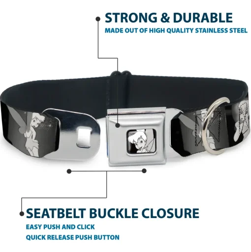 Tinker Bell CLOSE-UP Full Color Black White Seatbelt Buckle Collar - Tinker Bell Scenes Black/White