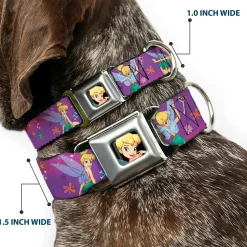 Tinker Bell CLOSE-UP Full Color Seatbelt Buckle Collar - Tinker Bell Poses/Flowers/Stars/Skull Purple