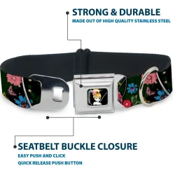 Tinker Bell Sketch Full Color Seatbelt Buckle Collar - Tinker Bell Poses/Sleeping Floral Collage