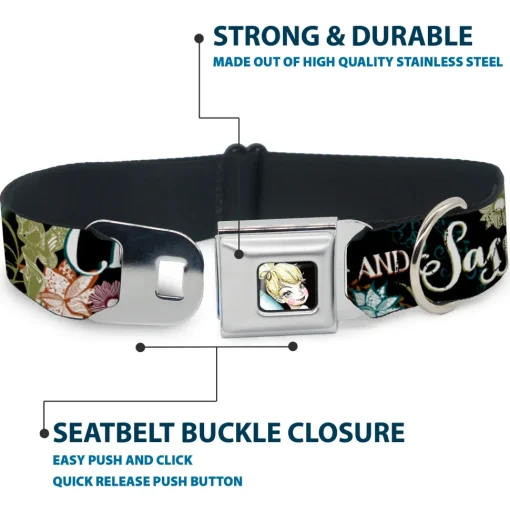 Tinker Bell Sketch Full Color Black Seatbelt Buckle Collar - Tinker Bell Floral Collage CLASSY AND SASSY