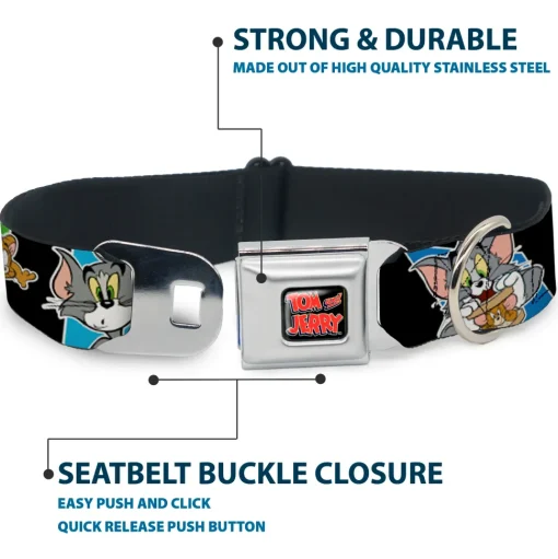 Tom and Jerry Logo Full Color Black Red Seatbelt Buckle Collar - TOM & JERRY Poses Black/Multi Color