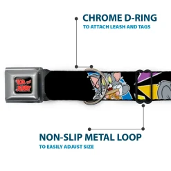 Tom and Jerry Logo Full Color Black Red Seatbelt Buckle Collar - TOM & JERRY Poses Black/Multi Color