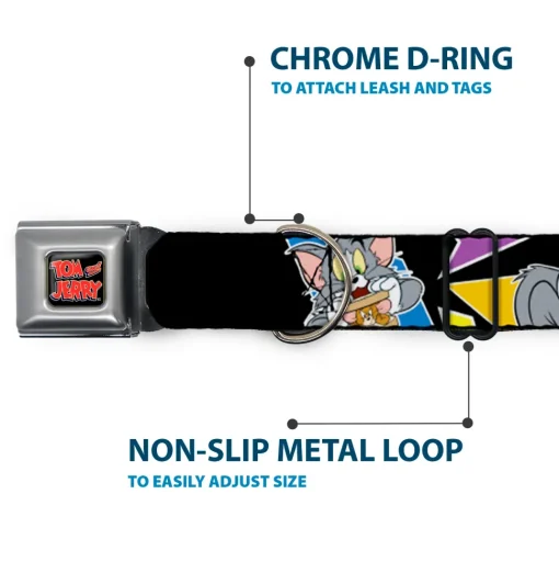 Tom and Jerry Logo Full Color Black Red Seatbelt Buckle Collar - TOM & JERRY Poses Black/Multi Color