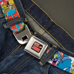 Tom and Jerry Logo Full Color Black Red Seatbelt Belt - TOM & JERRY Faces/Stacked Scene Panels Webbing