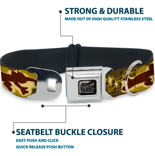 Tom and Jerry Logo Full Color Black Red Seatbelt Buckle Collar - TOM & JERRY Tom Chasing Jerry Houndstooth Browns