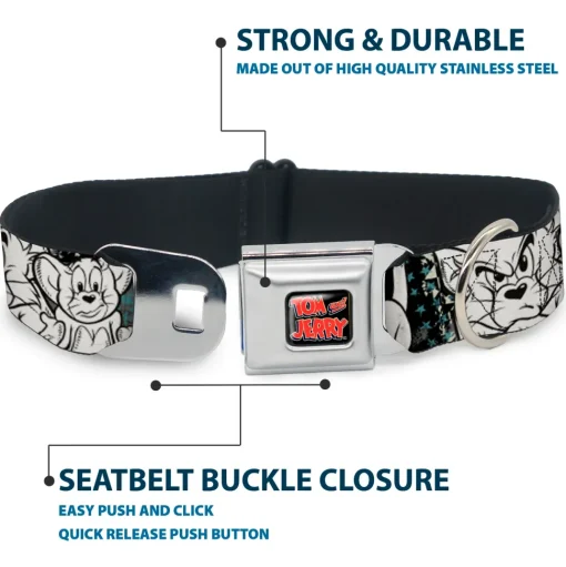 Tom and Jerry Logo Full Color Black Red Seatbelt Buckle Collar - TOM & JERRY Face & Pose Sketch Black/White/Red/Blue