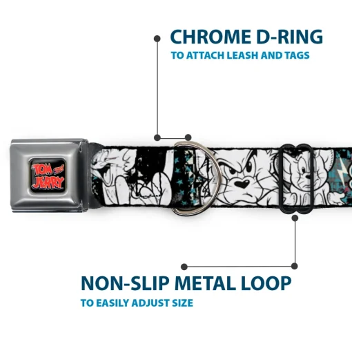 Tom and Jerry Logo Full Color Black Red Seatbelt Buckle Collar - TOM & JERRY Face & Pose Sketch Black/White/Red/Blue