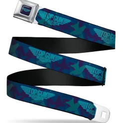 TOP GUN MAVERICK Title Logo Full Color Blues Seatbelt Belt - TOP GUN MAVERICK Title Logo Aircraft Silhouettes Collage Blues Webbing