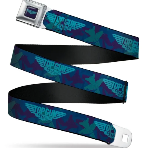 TOP GUN MAVERICK Title Logo Full Color Blues Seatbelt Belt - TOP GUN MAVERICK Title Logo Aircraft Silhouettes Collage Blues Webbing