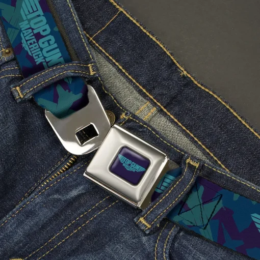TOP GUN MAVERICK Title Logo Full Color Blues Seatbelt Belt - TOP GUN MAVERICK Title Logo Aircraft Silhouettes Collage Blues Webbing