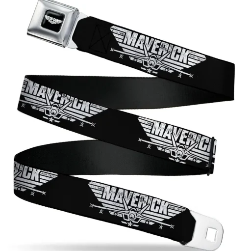 TOP GUN Title Logo Full Color Black/White Seatbelt Belt - TOP GUN MAVERICK Fighter Jet Logo Weathered Black/White Webbing