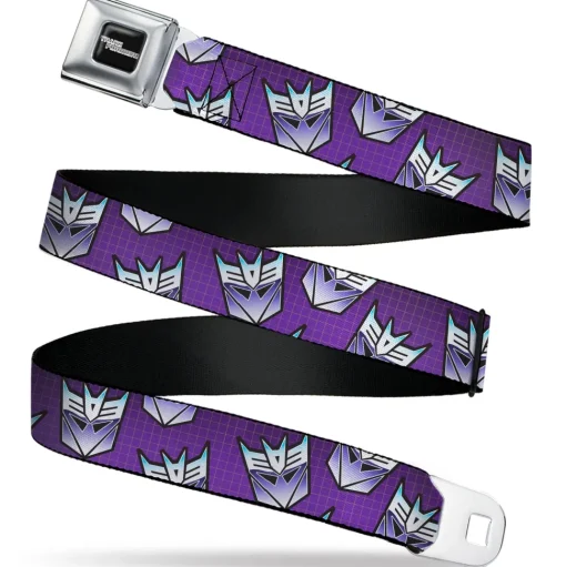 TRANSFORMERS Title Logo Full Color Black/White Seatbelt Belt - Transformers Decepticons Icon Scattered Grids Purples Webbing