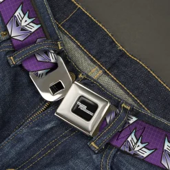 TRANSFORMERS Title Logo Full Color Black/White Seatbelt Belt - Transformers Decepticons Icon Scattered Grids Purples Webbing