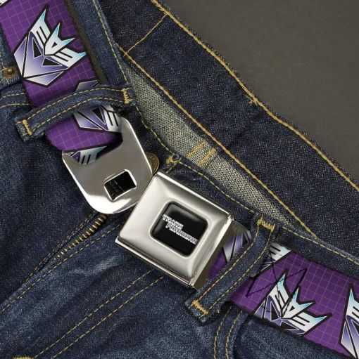 TRANSFORMERS Title Logo Full Color Black/White Seatbelt Belt - Transformers Decepticons Icon Scattered Grids Purples Webbing