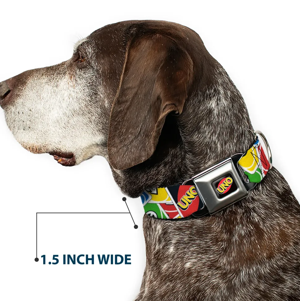 UNO Game Logo Full Color Black/Red/Yellow Seatbelt Buckle Collar - UNO Cards Stacked Collage Multi Color