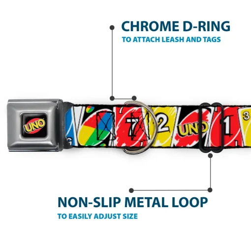 UNO Game Logo Full Color Black/Red/Yellow Seatbelt Buckle Collar - UNO Cards Lineup Stack Multi Color