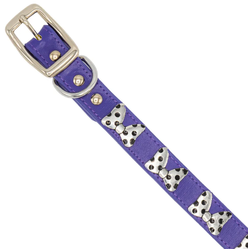 Vegan Leather Dog Collar - Disney Purple PU w Silver Cast Minnie Mouse Bow Embellishments and Charm