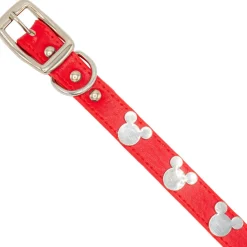 Vegan Leather Dog Collar - Disney Red PU w Silver Cast Mickey Mouse Head Icon Embellishments and Charm