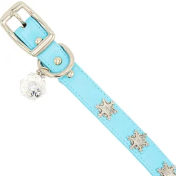Vegan Leather Dog Collar - Frozen 2 Light Blue PU w Snowflake Embellishments & Metal Charm