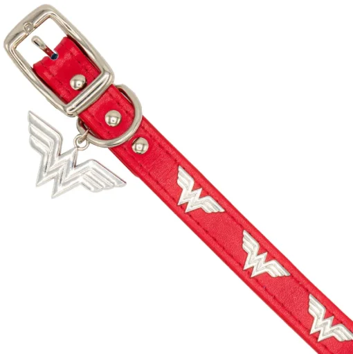 Vegan Leather Dog Collar - Wonder Woman Red with WW Icon Embellishments & Metal Charm