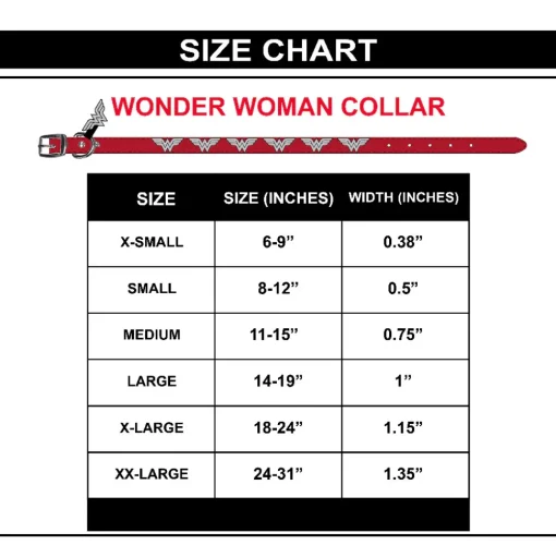Vegan Leather Dog Collar - Wonder Woman Red with WW Icon Embellishments & Metal Charm