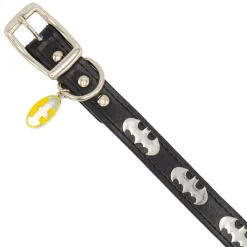 Vegan Leather Dog Collar - Batman Black with Bat Signal Embellishments & Metal Charm