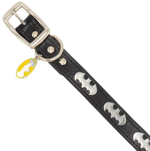 Vegan Leather Dog Collar - Batman Black with Bat Signal Embellishments & Metal Charm