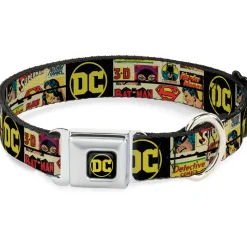 Vintage DC Comics Logo Full Color Black/Yellow Seatbelt Buckle Collar - Vintage DC Comics Superhero and Logos Collage Black
