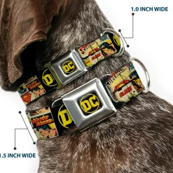 Vintage DC Comics Logo Full Color Black/Yellow Seatbelt Buckle Collar - Vintage DC Comics Superhero and Logos Collage Black
