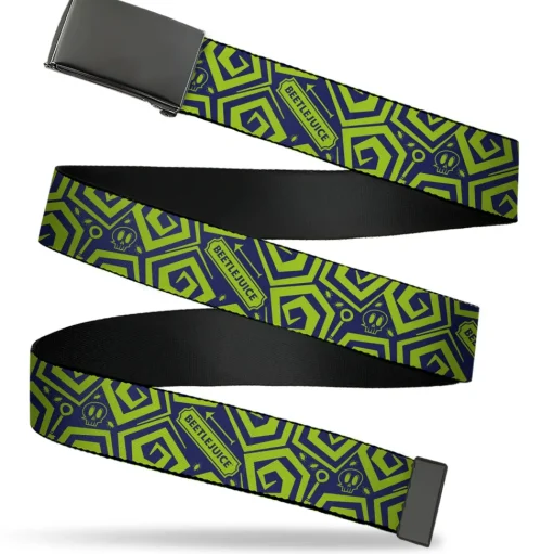 Web Belt Blank Black Buckle - Beetlejuice Title and Icons Collage Blue/Green Webbing